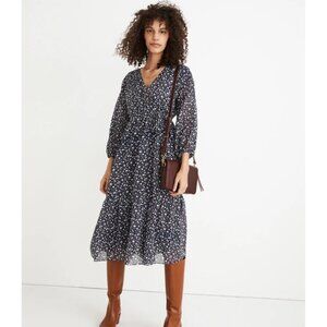 Madewell Tie Waist Midi Dress Medium Blue Ditsy Floral Boho Cottage 3/4 Sleeve